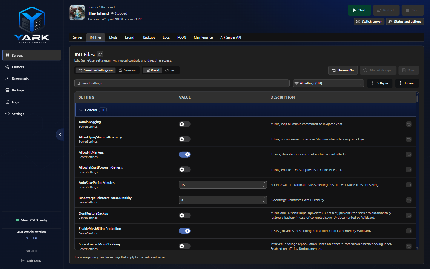 Visual INI editor in YARK showing GameUserSettings.ini options with toggles, values, and descriptions